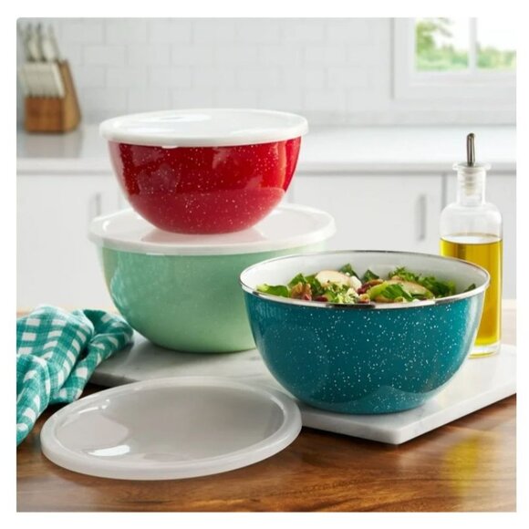 Pioneer Woman 6-Piece Enamel on Steel Mixing Bowls with Lids, Red, Green, Blue, - Picture 2 of 8